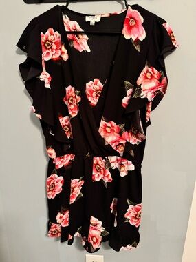Umgee Black Romper with Pink Floral Accents